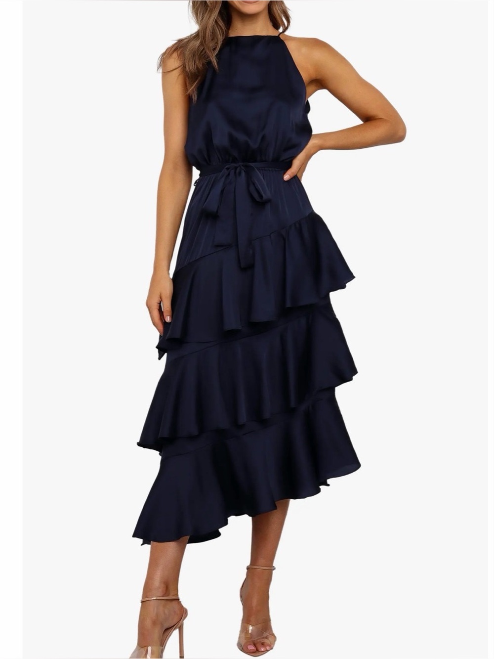 NWT Petal + Pup Navy Satin Ruffle High Low Maxi Dress Size 12 Seychelles